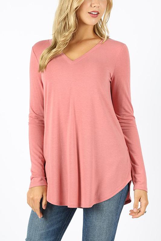 Premium Long Sleeve V-Neck Round Hem Top