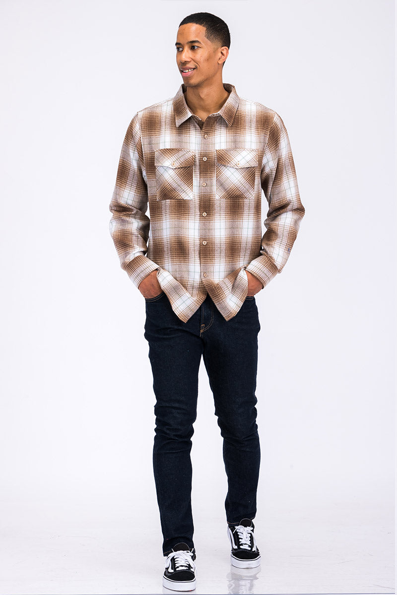 Long Sleeve Checkered Plaid Brushed Flannel