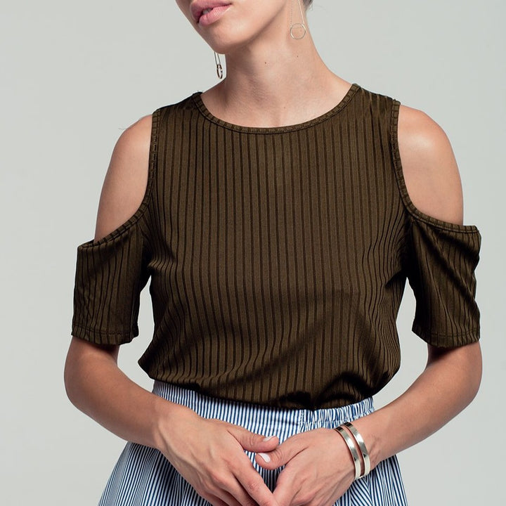 Khaki Cold Shoulder Top