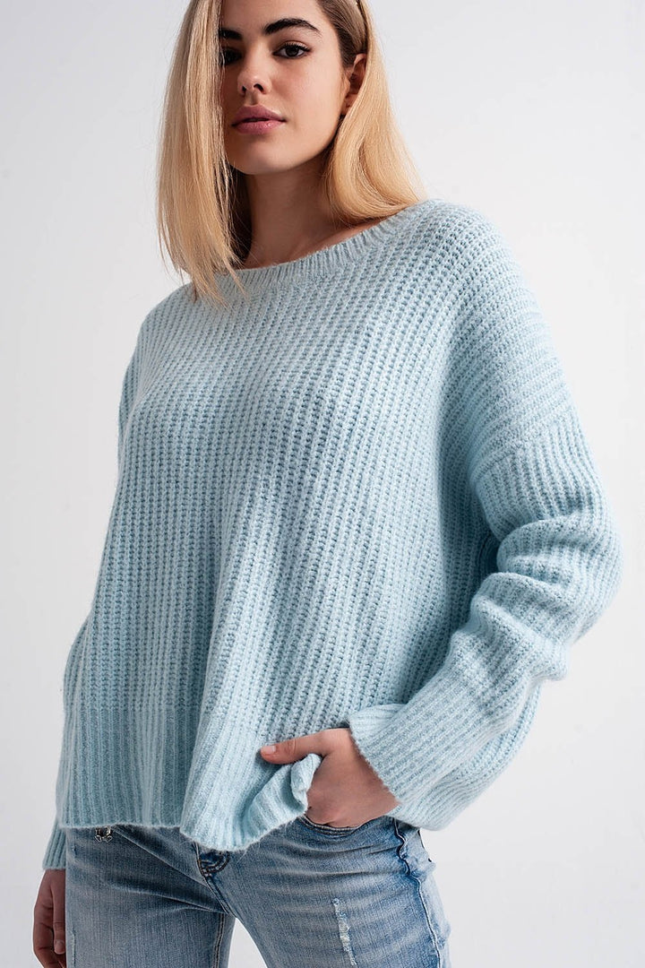 Turquoise Round Neck Boyfriend Sweater