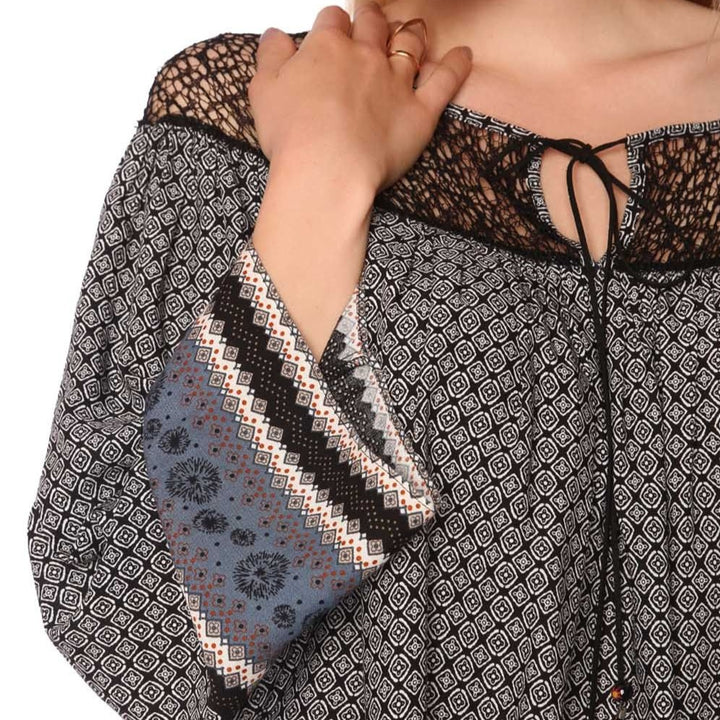 Gray Paisley Print Blouse with Cage Detail