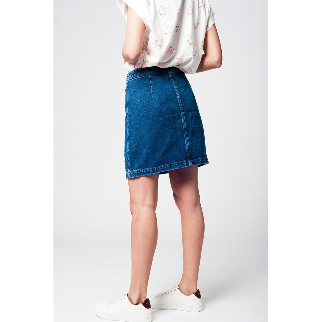 Denim Skirt with Flower Embroidery and Front Buttons