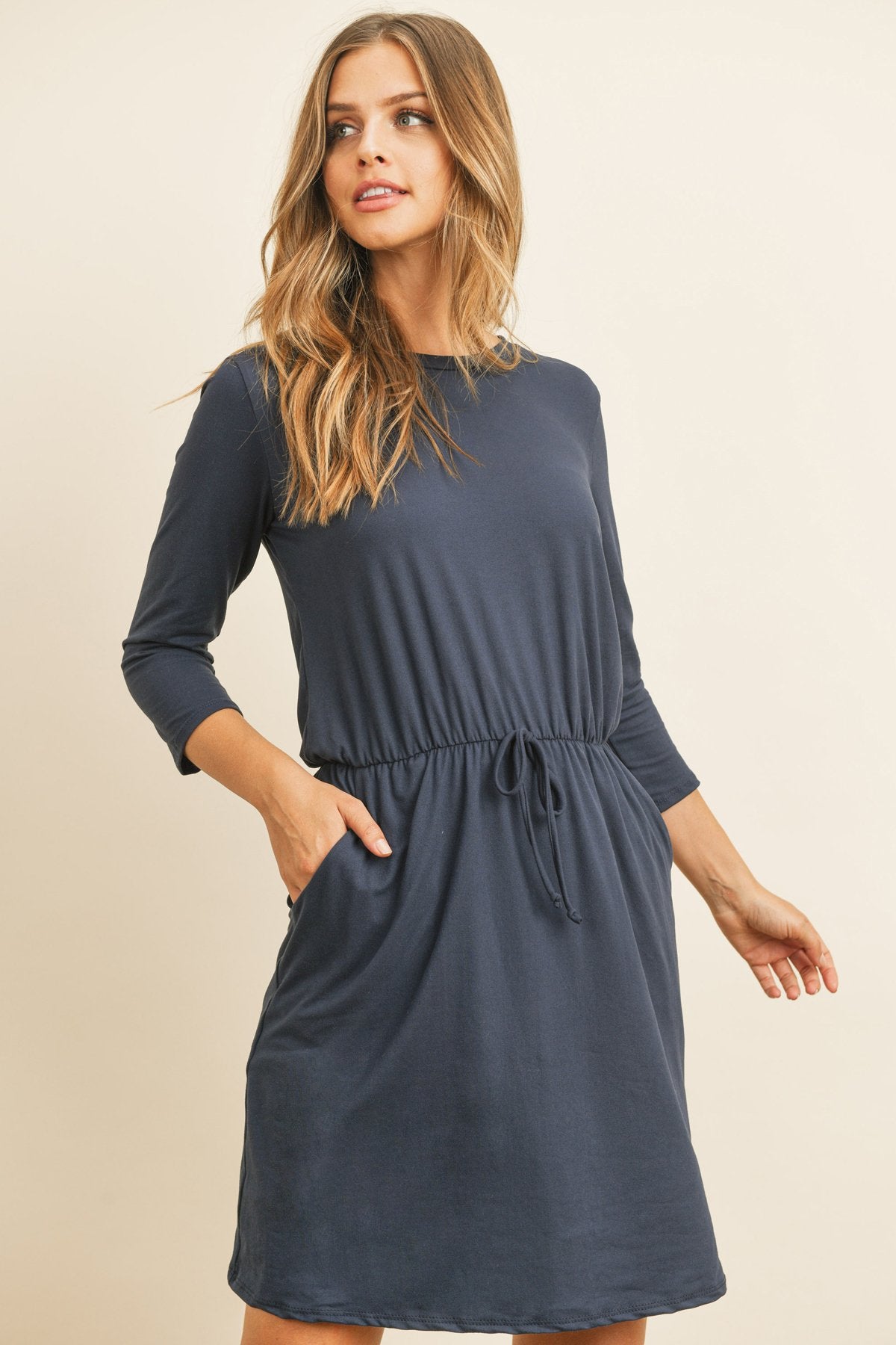 Cinch Waist 3/4 Sleeve Dress
