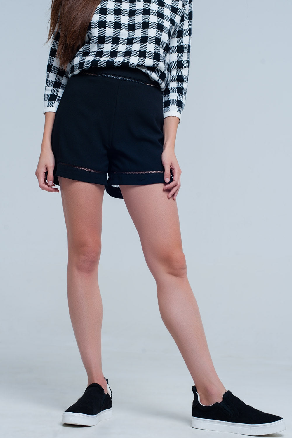 High Waist Black Short with Lace Detail