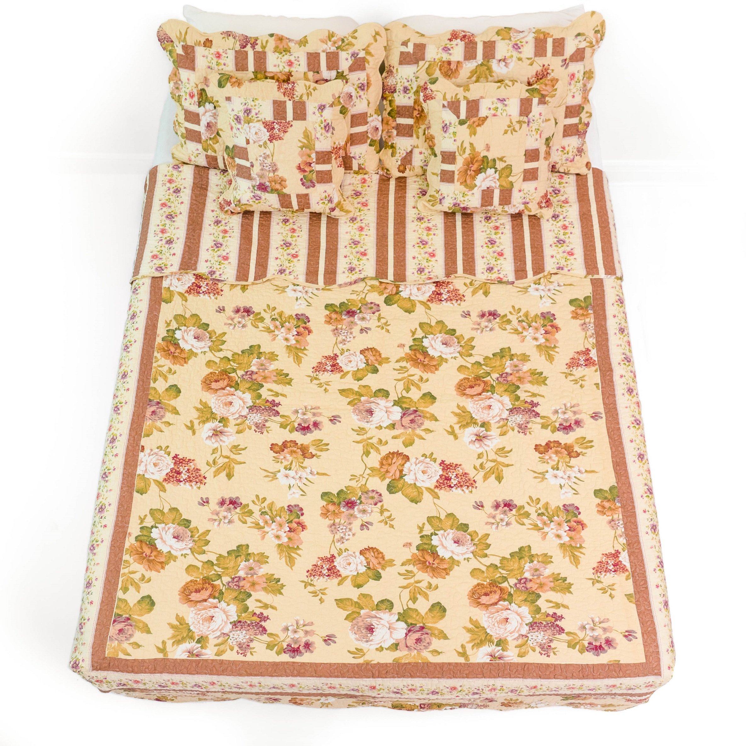 Dusty Roses Garden Floral Patchwork Cotton Quilted Bedspread Set