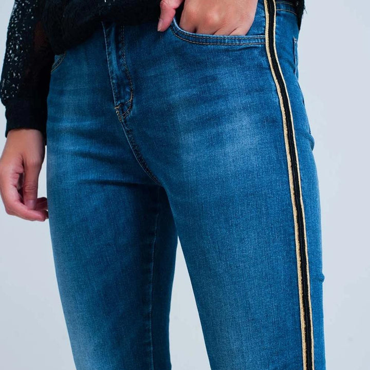 Blue Denim Pants with Gold and Black Sideband