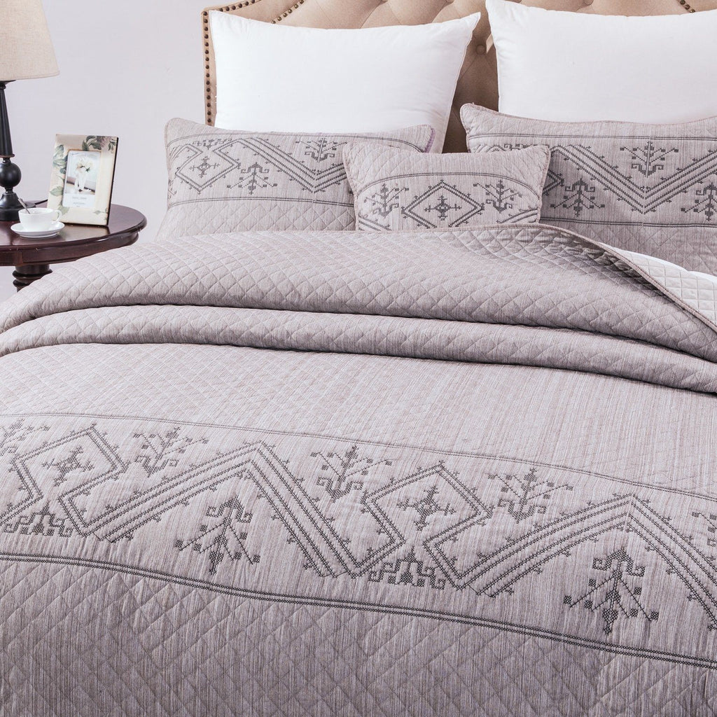 Elegant Fair Isle Purple Grey Yarn Dyed Quilted Coverlet Bedspread Set