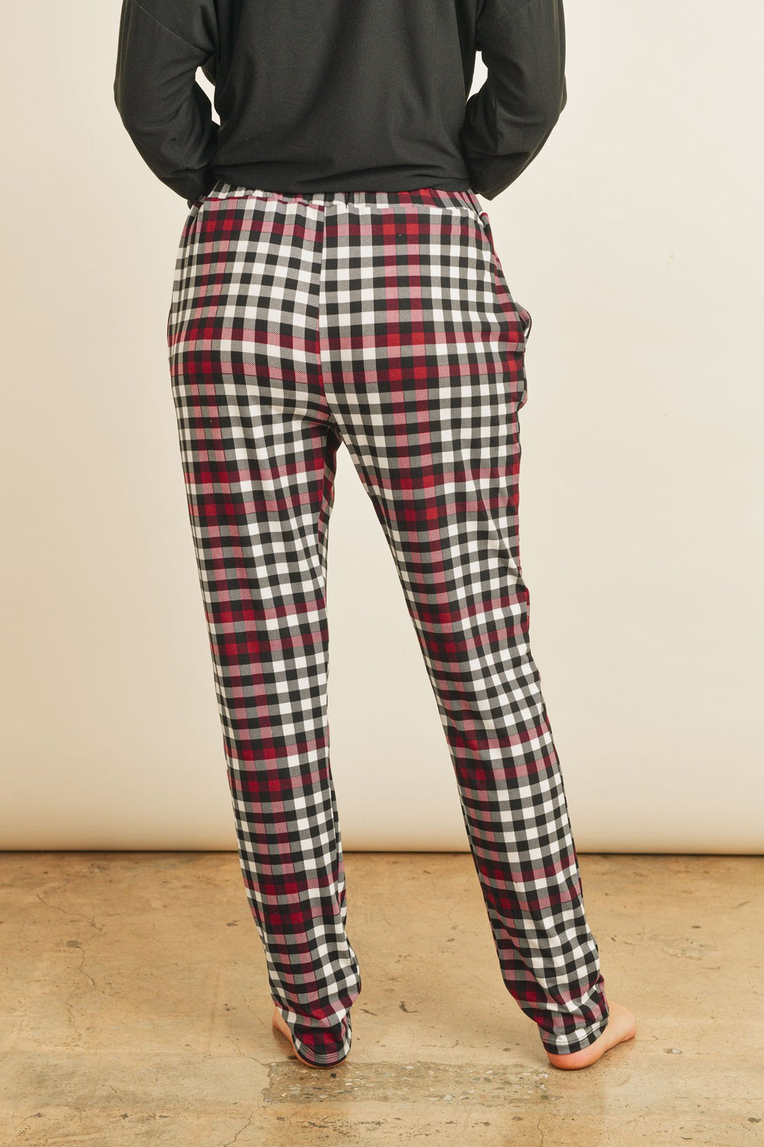 Solid Top Plaid Pocket and Joggers Set with Self Tie