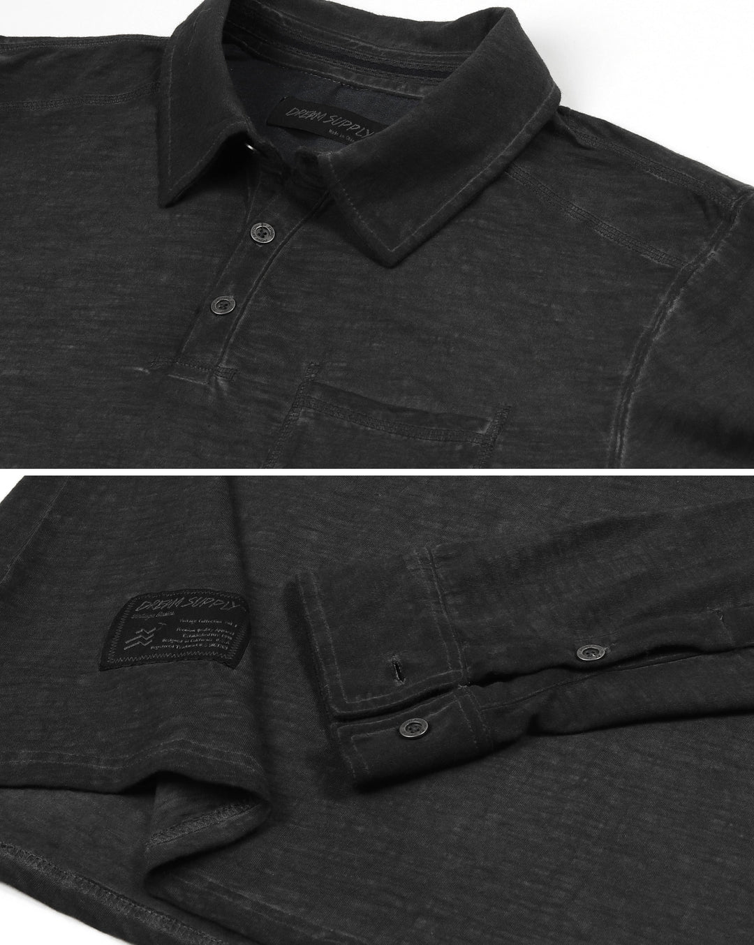 Long Sleeve Oil Wash Vintage Henley Pocket Polo Shirt