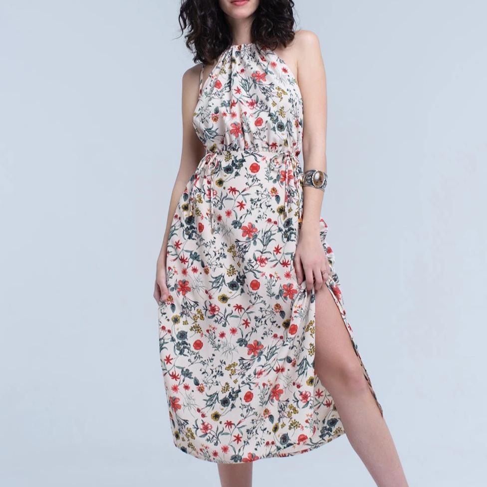 Beige Floral High Neck Cut Out Midi Dress