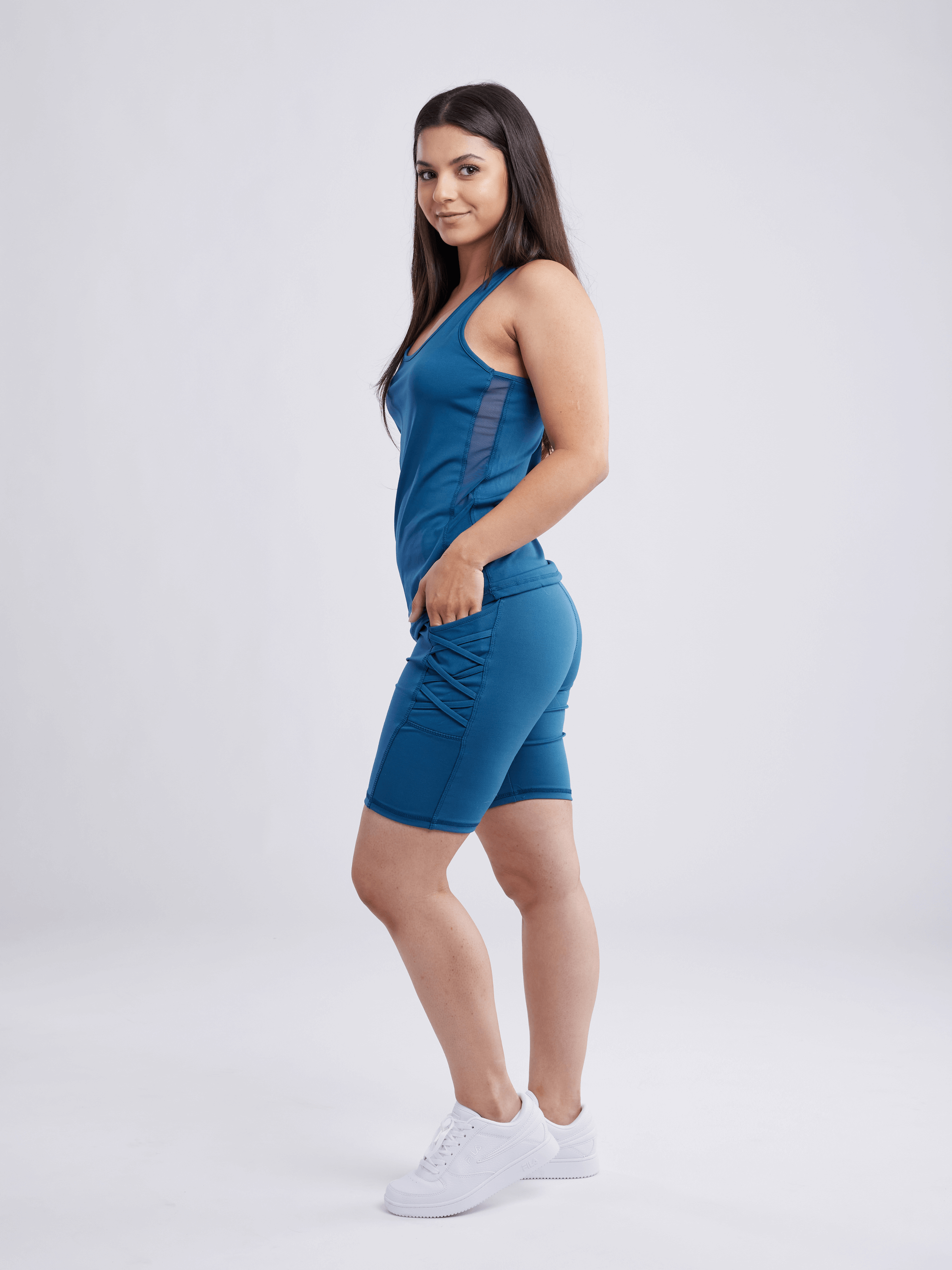 High-Waisted Workout Shorts with Pockets with Criss Cross Design