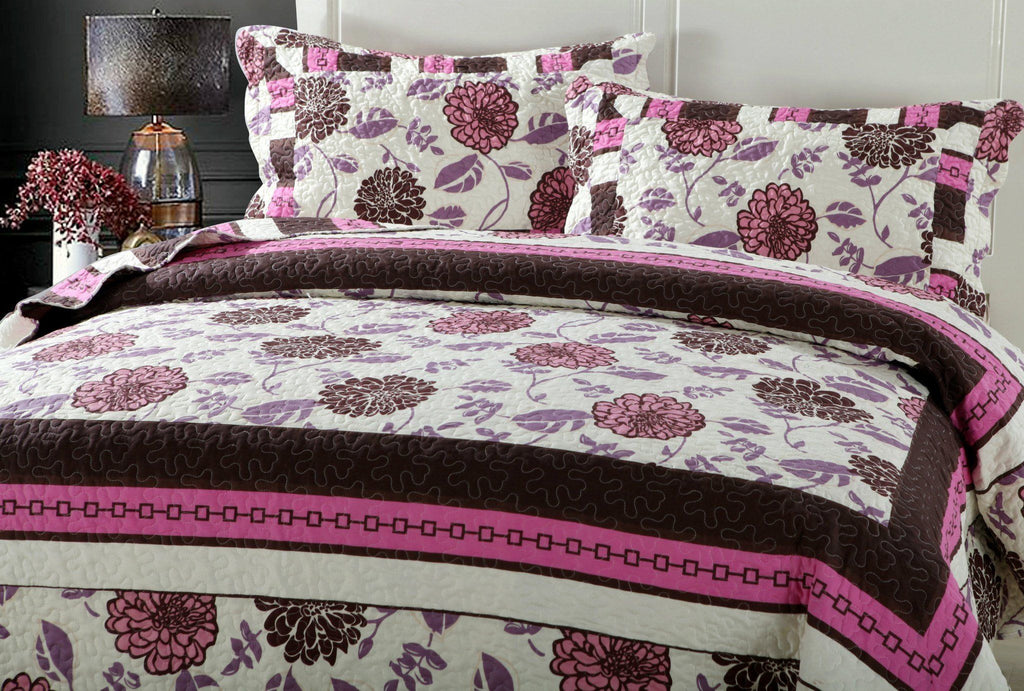 Bohemian Purple Blooms Floral Garden Pink Brown Bedspread Set
