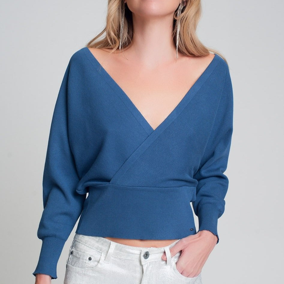 Knitted Sweater with Wrapped V-Neck in Blue