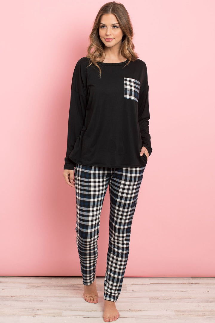 Solid Top Plaid Pocket and Joggers Set with Self Tie