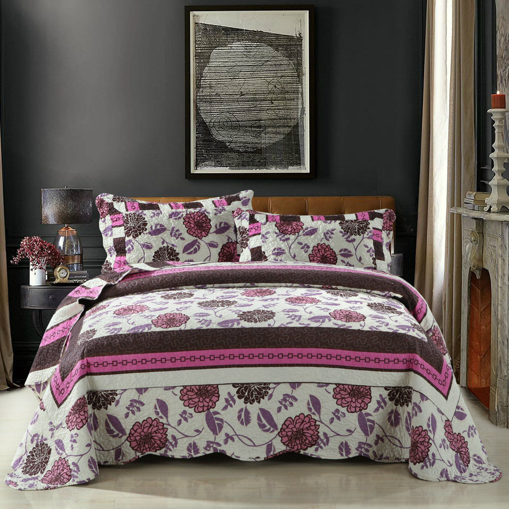 Bohemian Purple Blooms Floral Garden Pink Brown Bedspread Set
