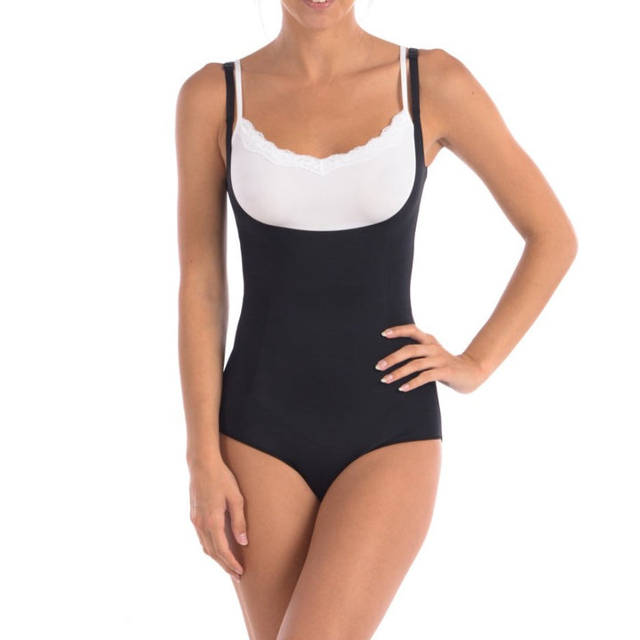 Wear Your Own Bra Bodysuit Shaper with Targeted Double Front Panel Black