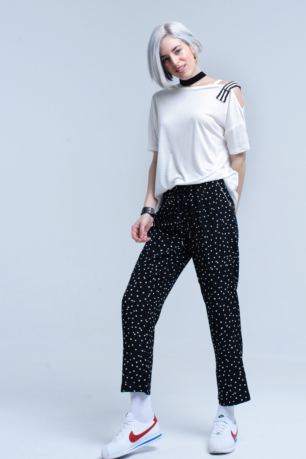 White T-Shirt with One Open Shoulder