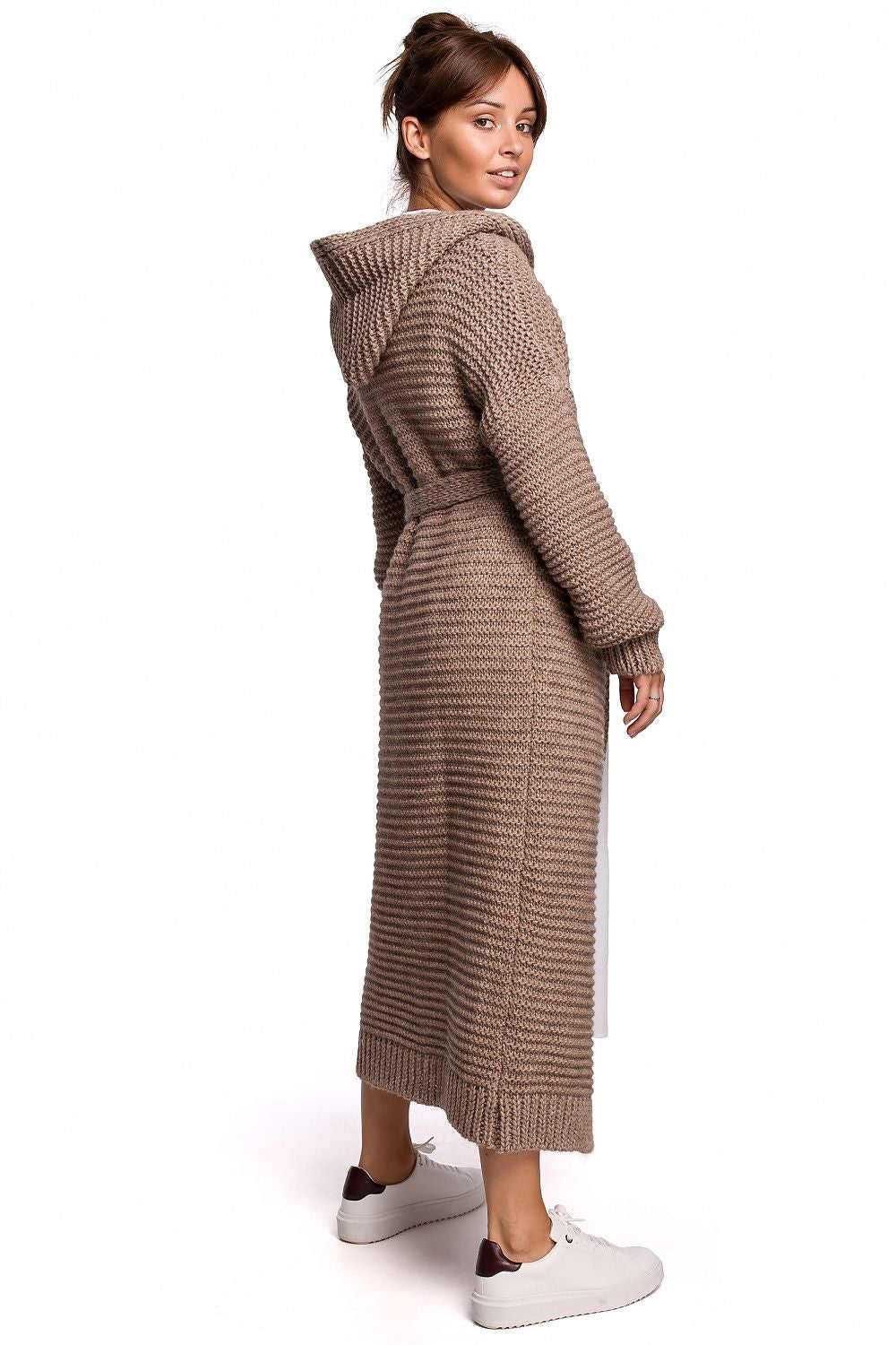 Long Hooded Cardigan with Belt Brown