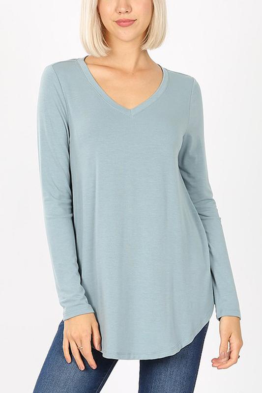 Premium Long Sleeve V-Neck Round Hem Top