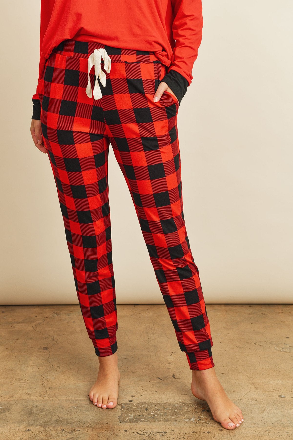 Solid Top and Plaid Joggers Set with Self Tie