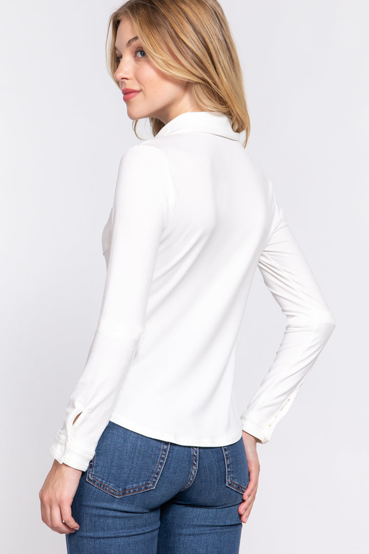 White Long Sleeve Front Pocket DTY Brushed Shirt