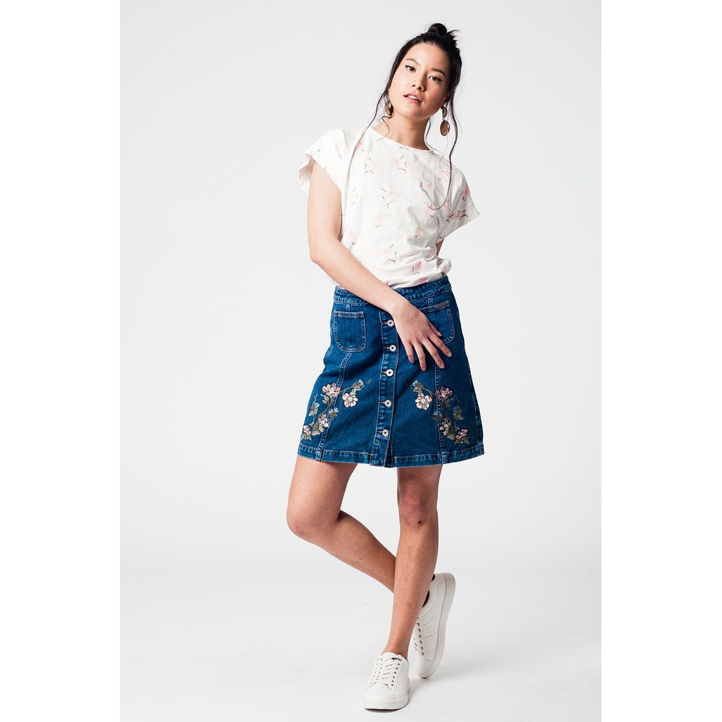 Denim Skirt with Flower Embroidery and Front Buttons