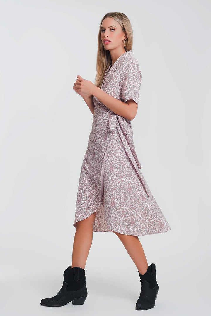 Wrap Midi Dress in Pink Floral Print