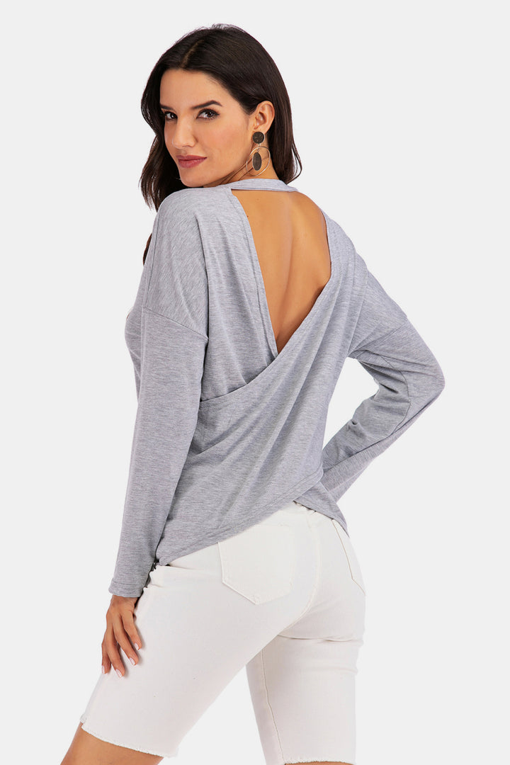 V-Neck Drop Shoulder Open Back Sweater