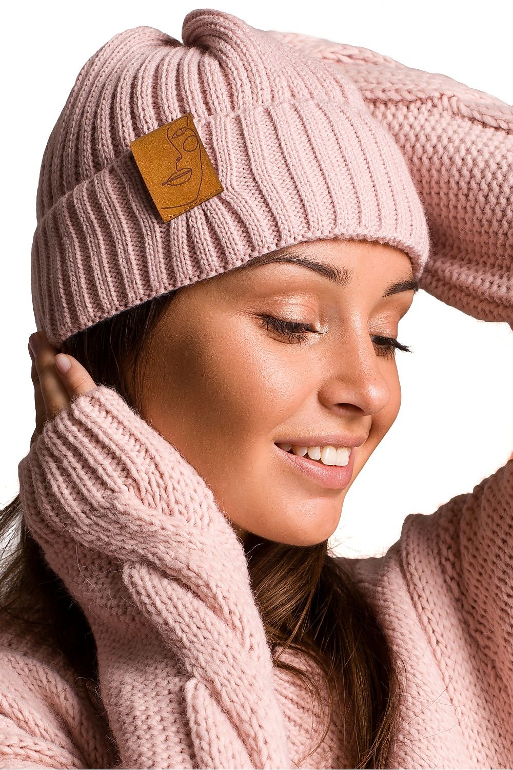 Dusty Pink Beanie Hat with Patch