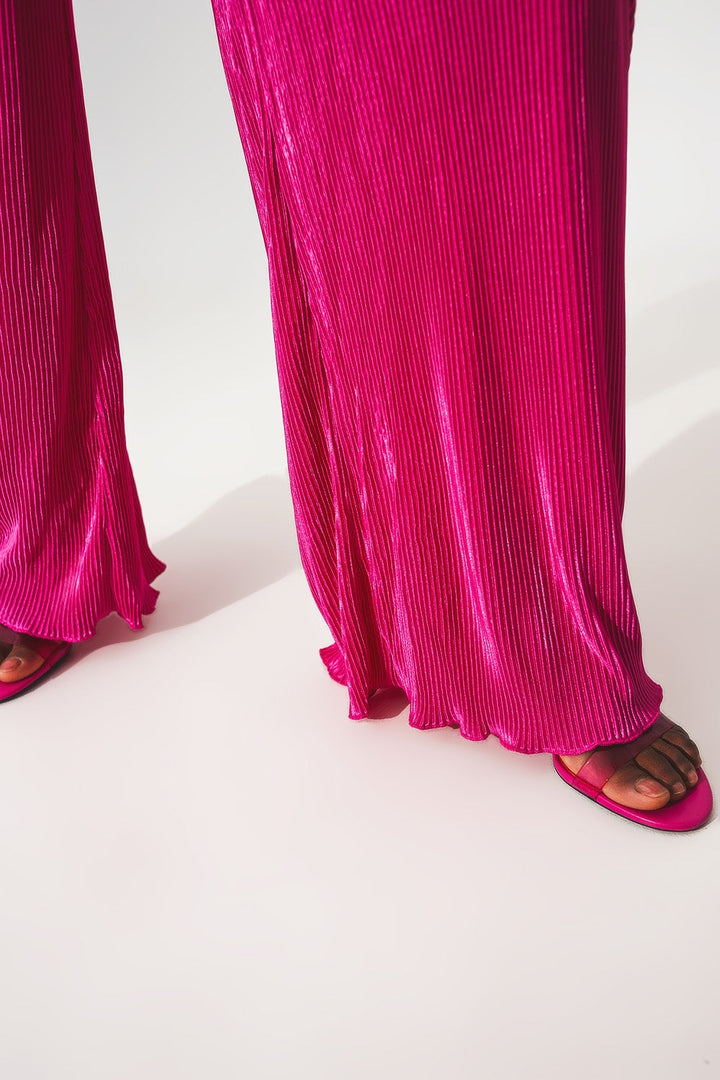 Satin Halter Neck Pleated Maxi Jumpsuit in Fuchsia