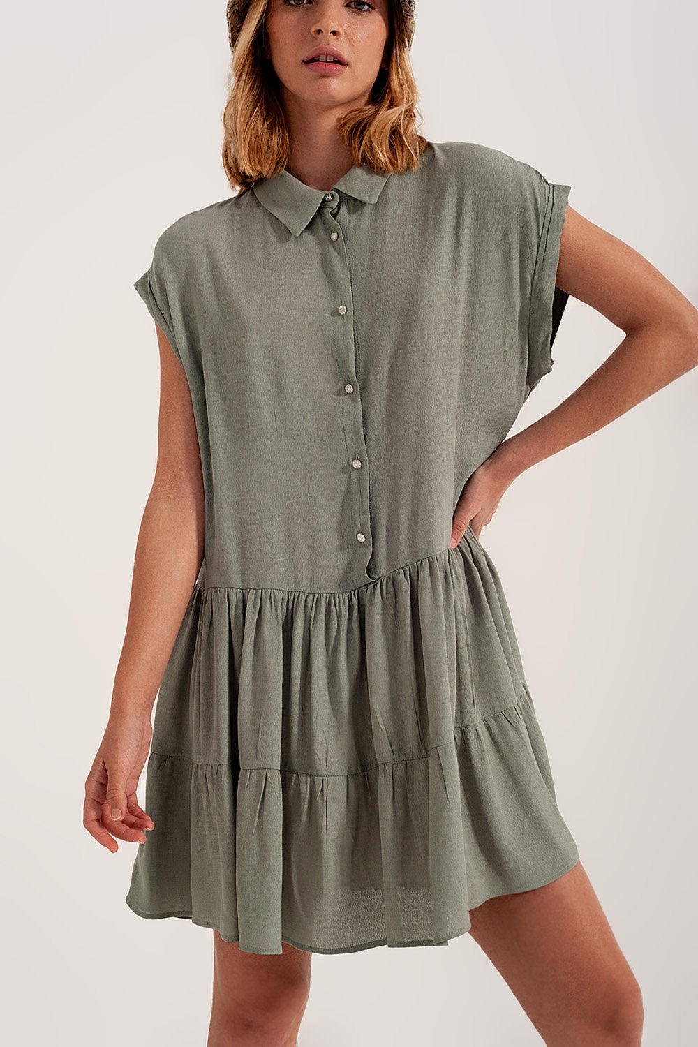 Tiered Hem Shirt Dress in Green