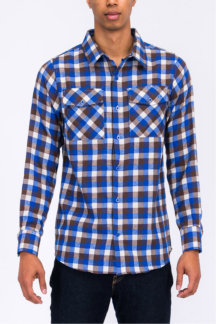 Long Sleeve Checkered Plaid Brushed Flannel