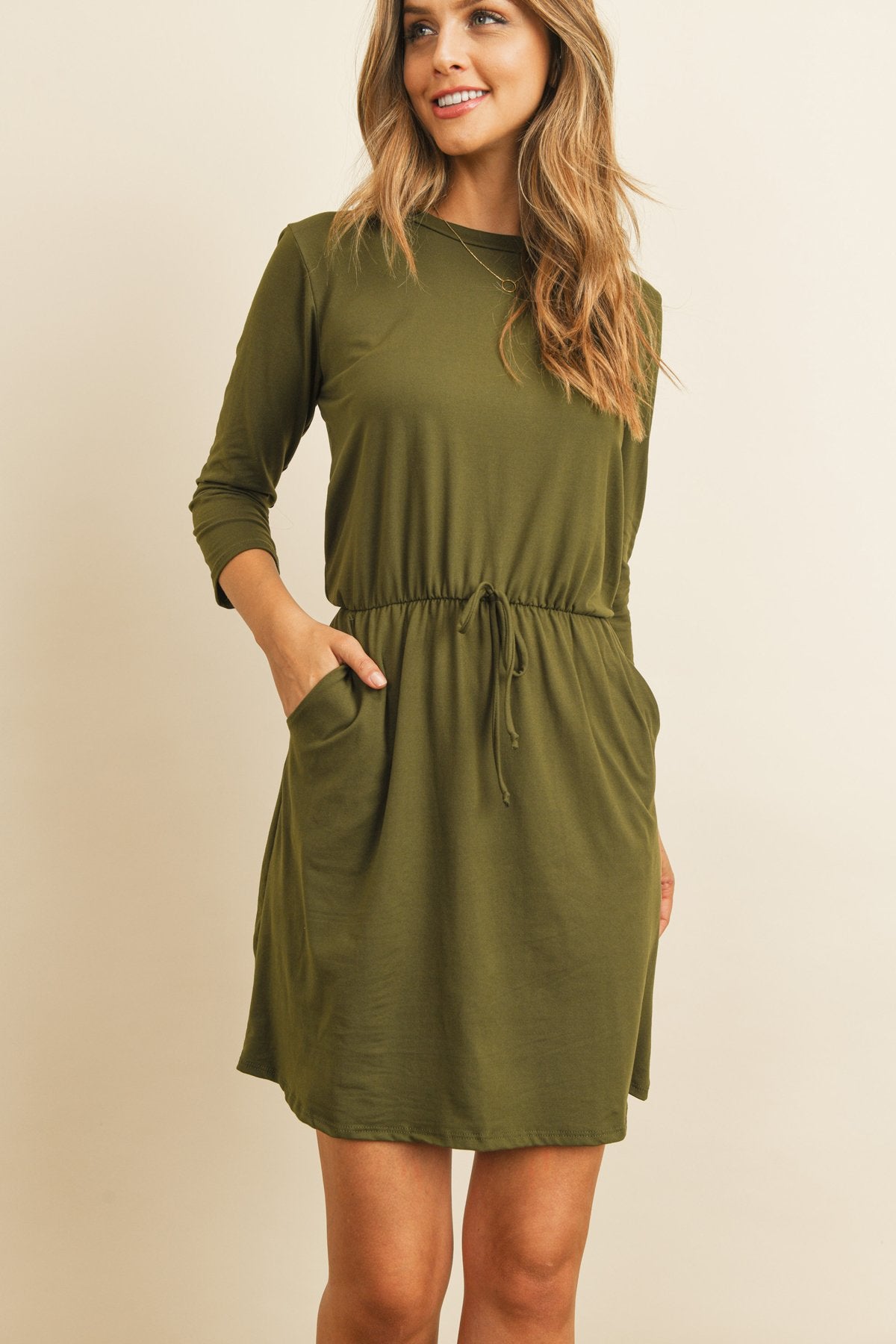 Cinch Waist 3/4 Sleeve Dress