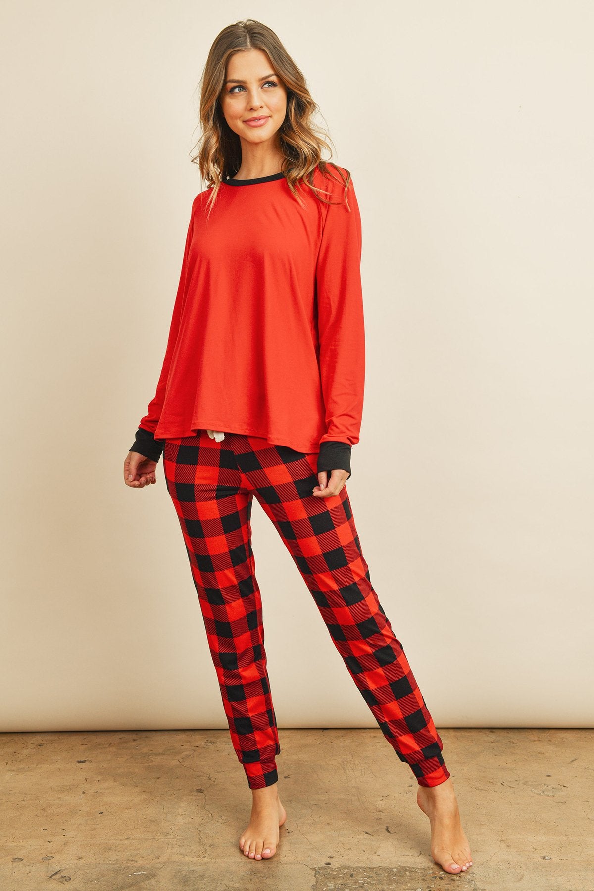 Solid Top and Plaid Joggers Set with Self Tie