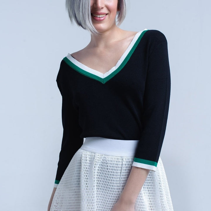 Black V-Neck Jersey with Green and White Contrast Trim