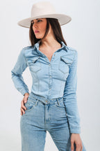 Skinny Fit Western Denim Shirt in Light Wash Blue