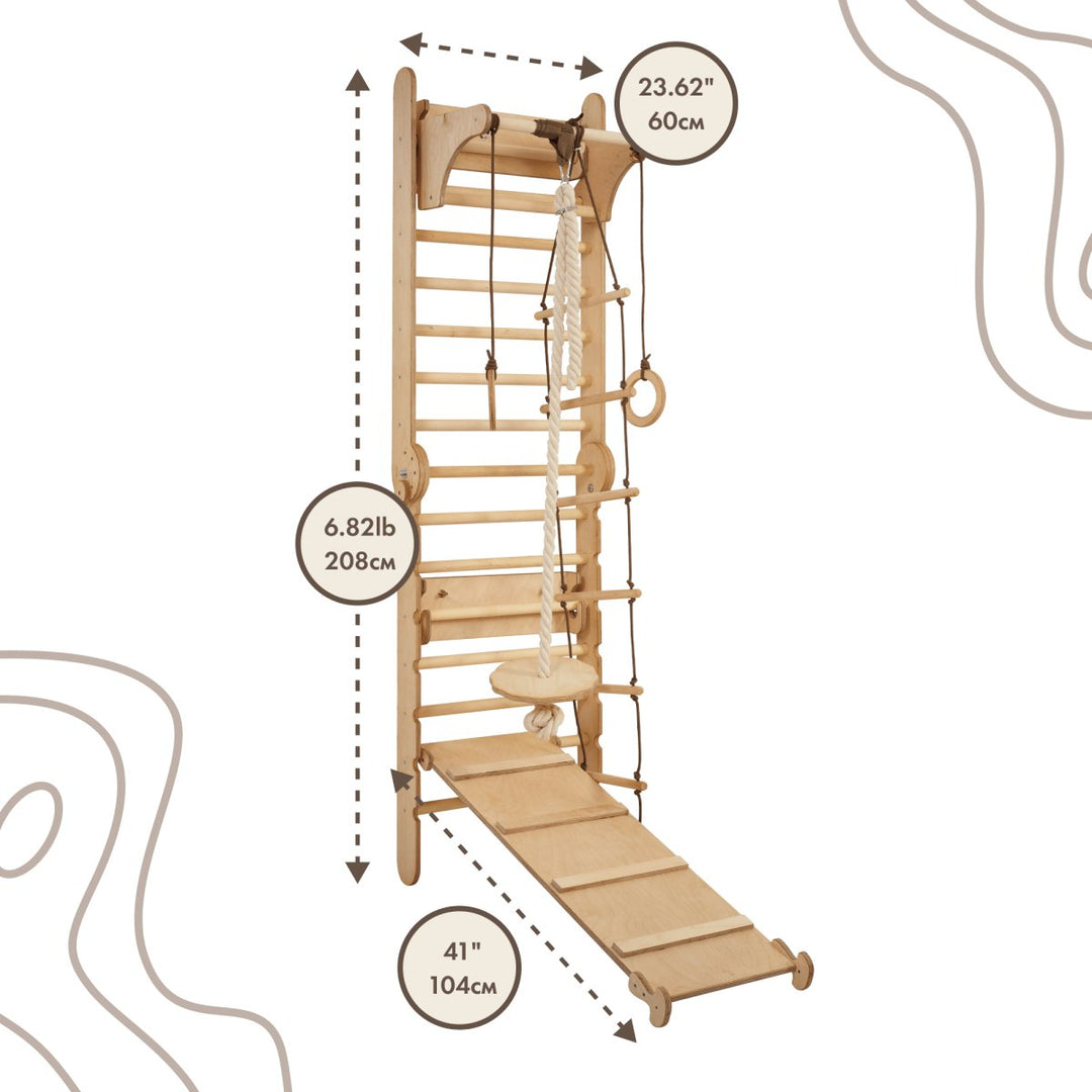 4-in-1 Climbing Set: Swedish Wall + Swing Set + Slide Board + Triangle Ladder