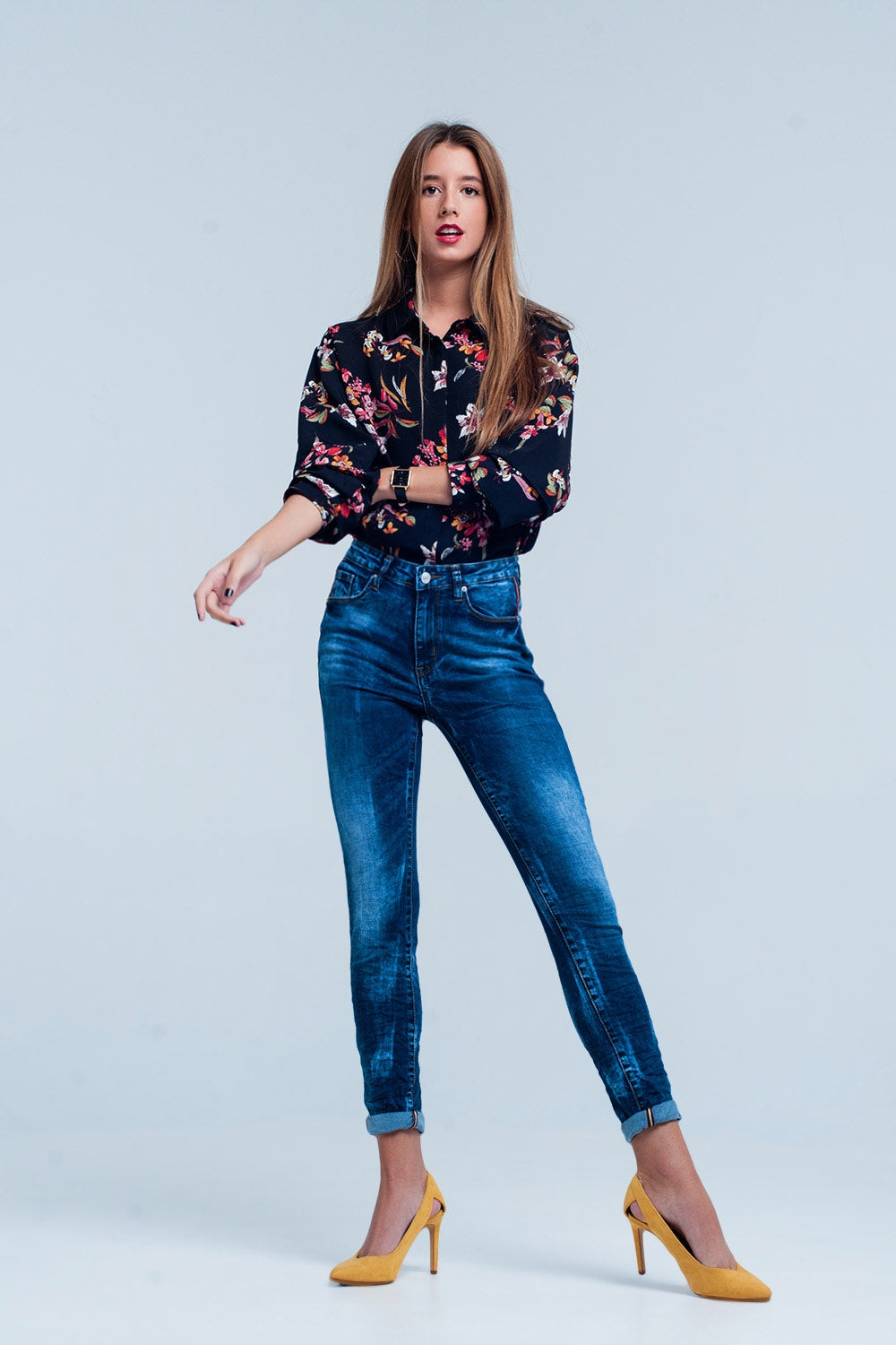 Blue Wrinkled High Waist Skinny Jeans