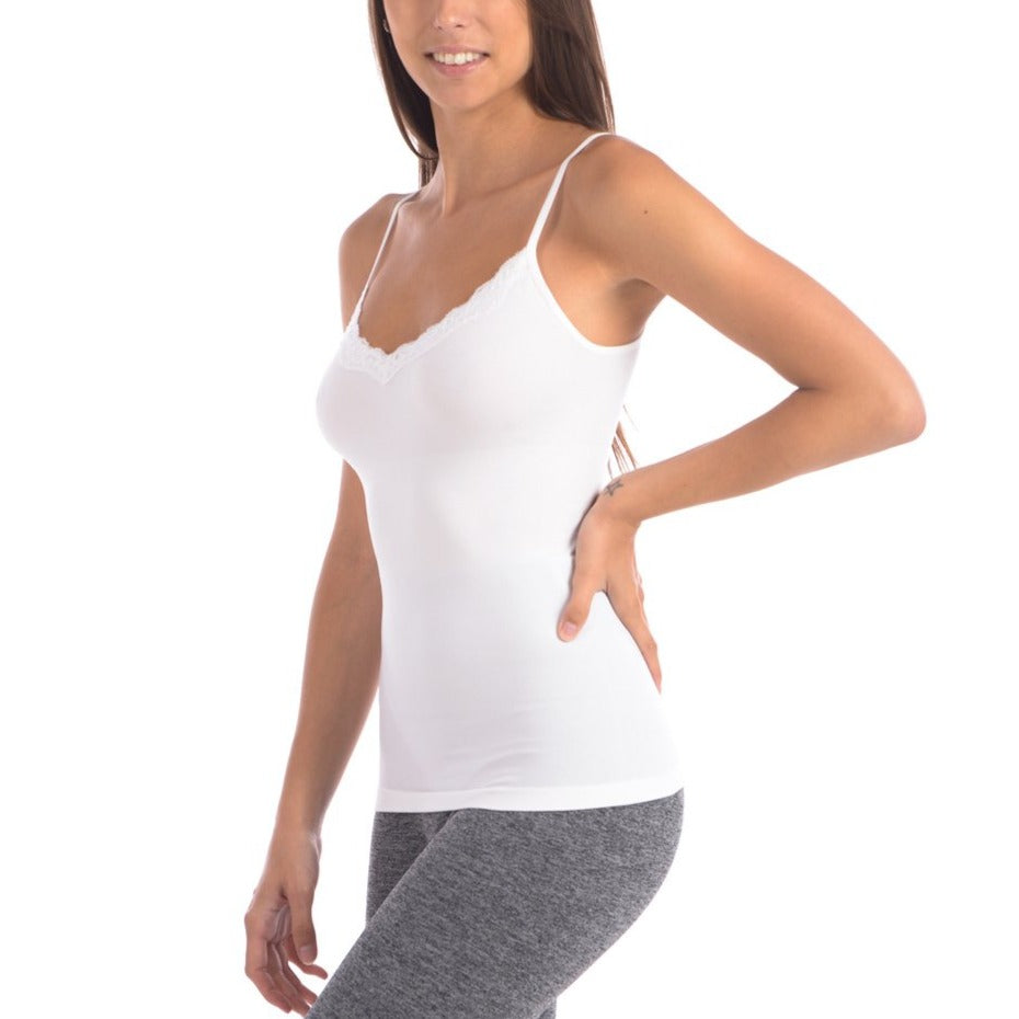 Seamless Slimming Camisole With Lace Trim at Neckline White