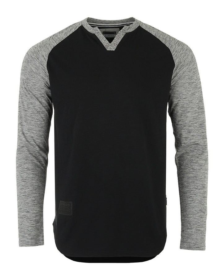 Men's Long Sleeve Color Block Raglan v Neck Henley Curved Hem Slim Shirts