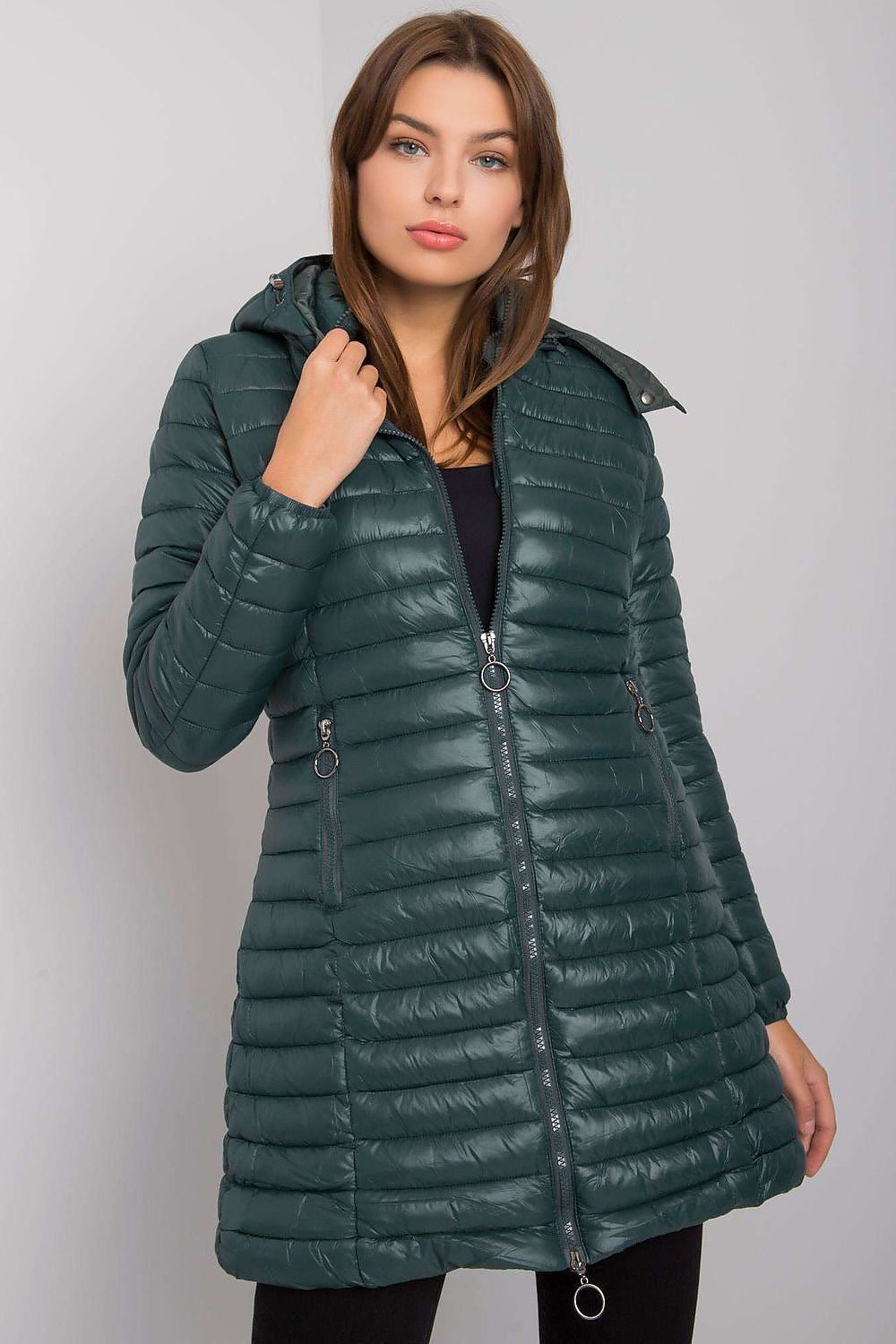 Dark Green Mid-Length Quilted Jacket with Hood
