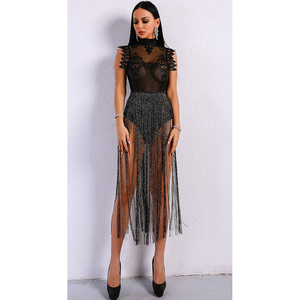 Black Fringe Bodysuit Party Dress