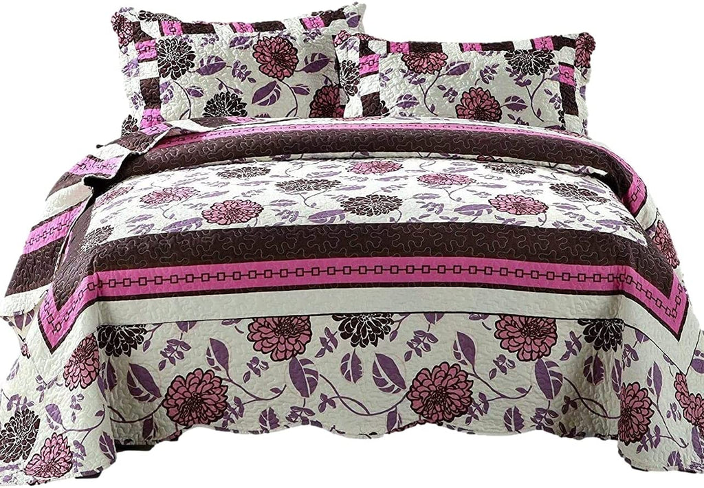 Bohemian Purple Blooms Floral Garden Pink Brown Bedspread Set