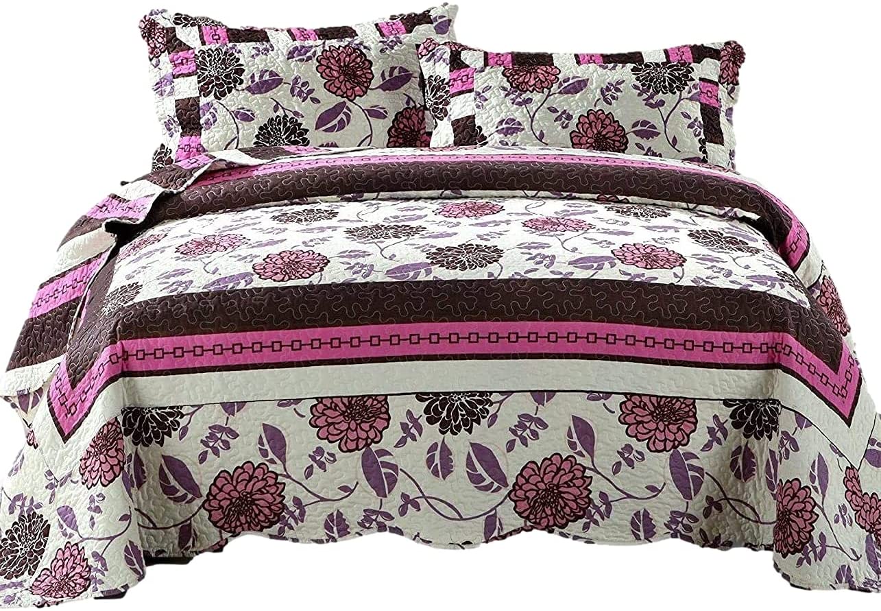 Bohemian Purple Blooms Floral Garden Pink Brown Bedspread Set