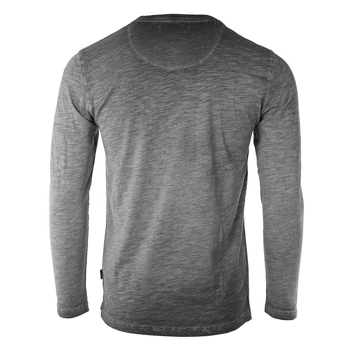 Grey Long Sleeve Crew Neck Oil Wash Vintage Button Henley T-Shirt