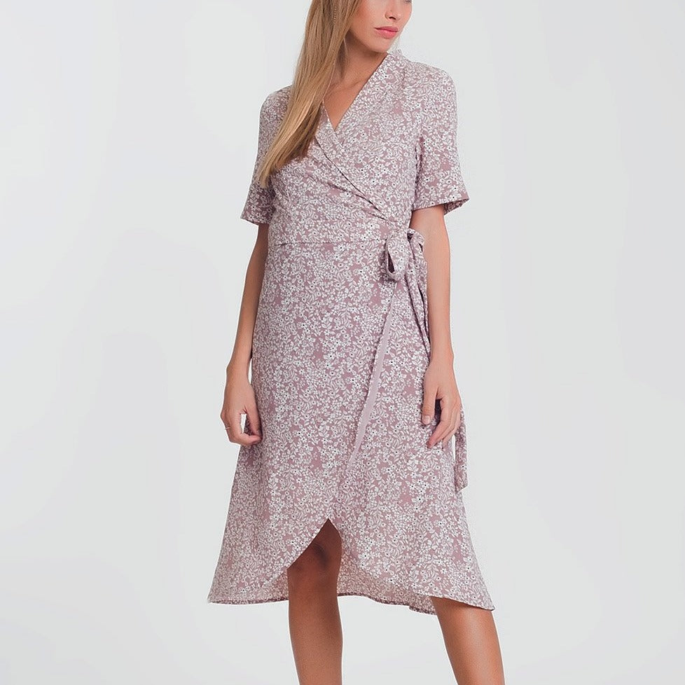 Wrap Midi Dress in Pink Floral Print