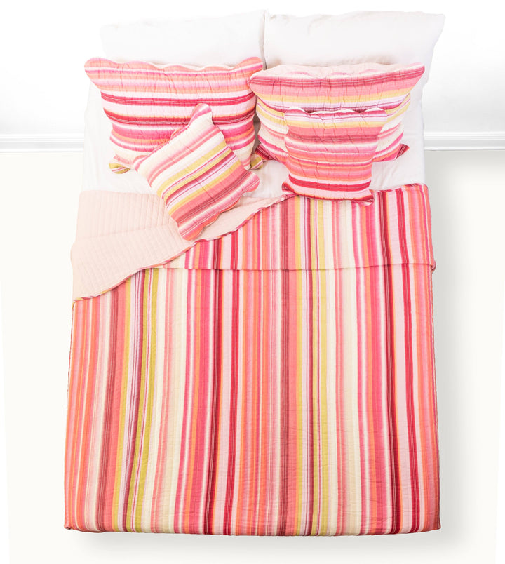 Happy Stunning Stripes Red & Pink Scalloped Coverlet Bedspread Set