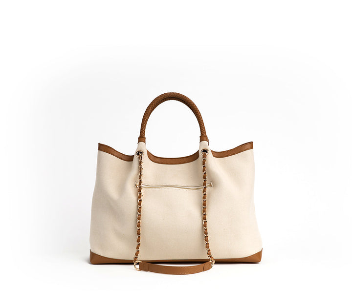 Off White with Tan Vegan Canvas Tote Ruth