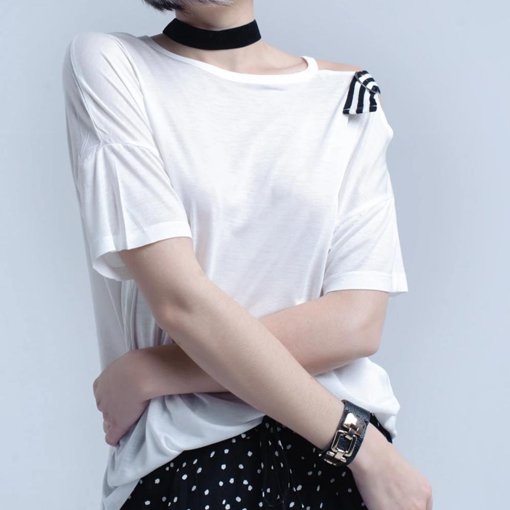 White T-Shirt with One Open Shoulder