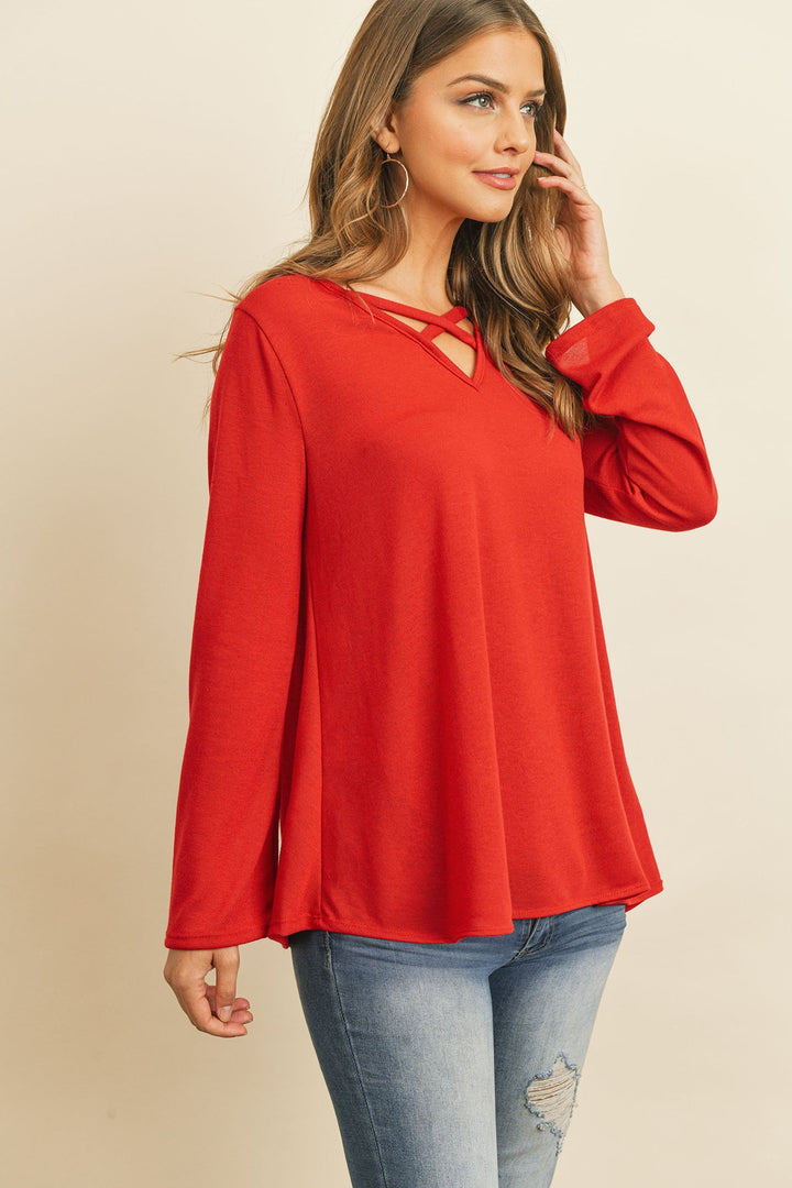 Criss Cross Neck Long Sleeve Hacci Top